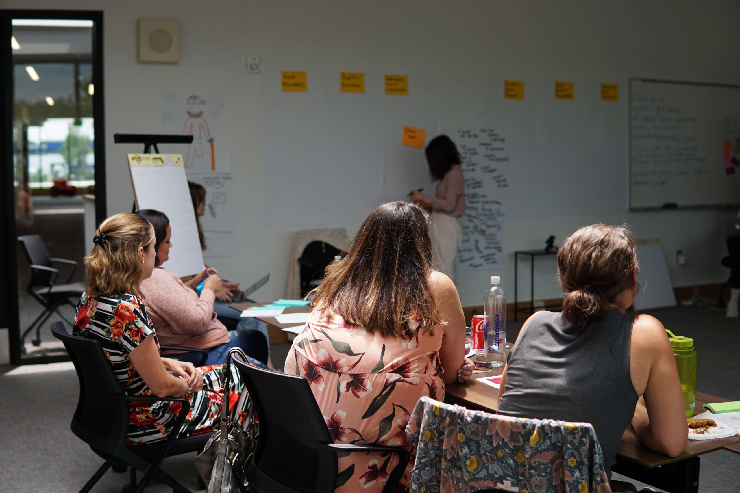 Adults collaborating at a whiteboard covered with sticky notes, engaged in a brainstorming session.