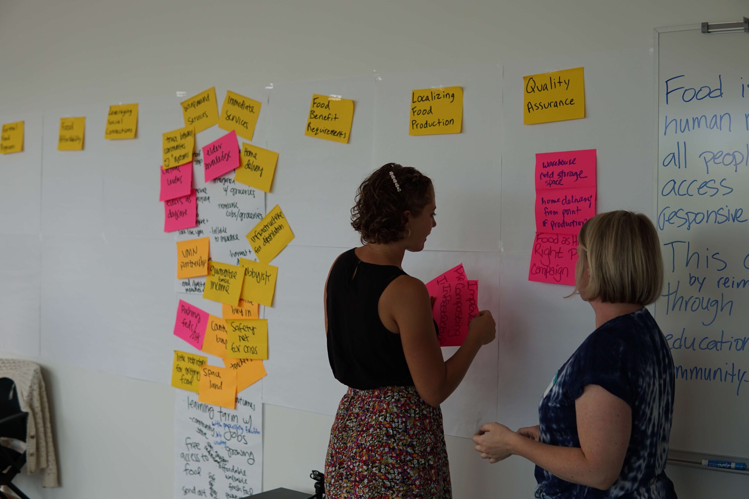 Two individuals working at a whiteboard filled with colorful sticky notes during a collaborative session.