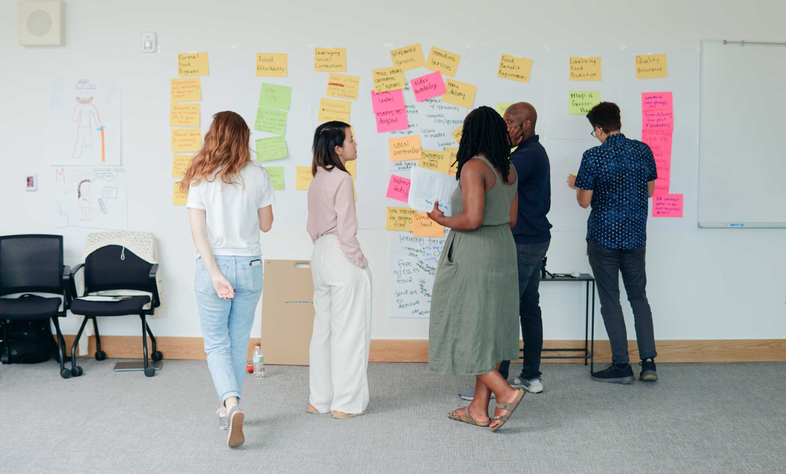 Group of five people doing a whiteboard session